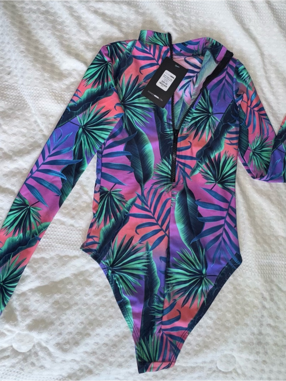 Fashion Nova Tropical Palm Long-Sleeve One-Piece Swimsuit in Purple, Pink, Green